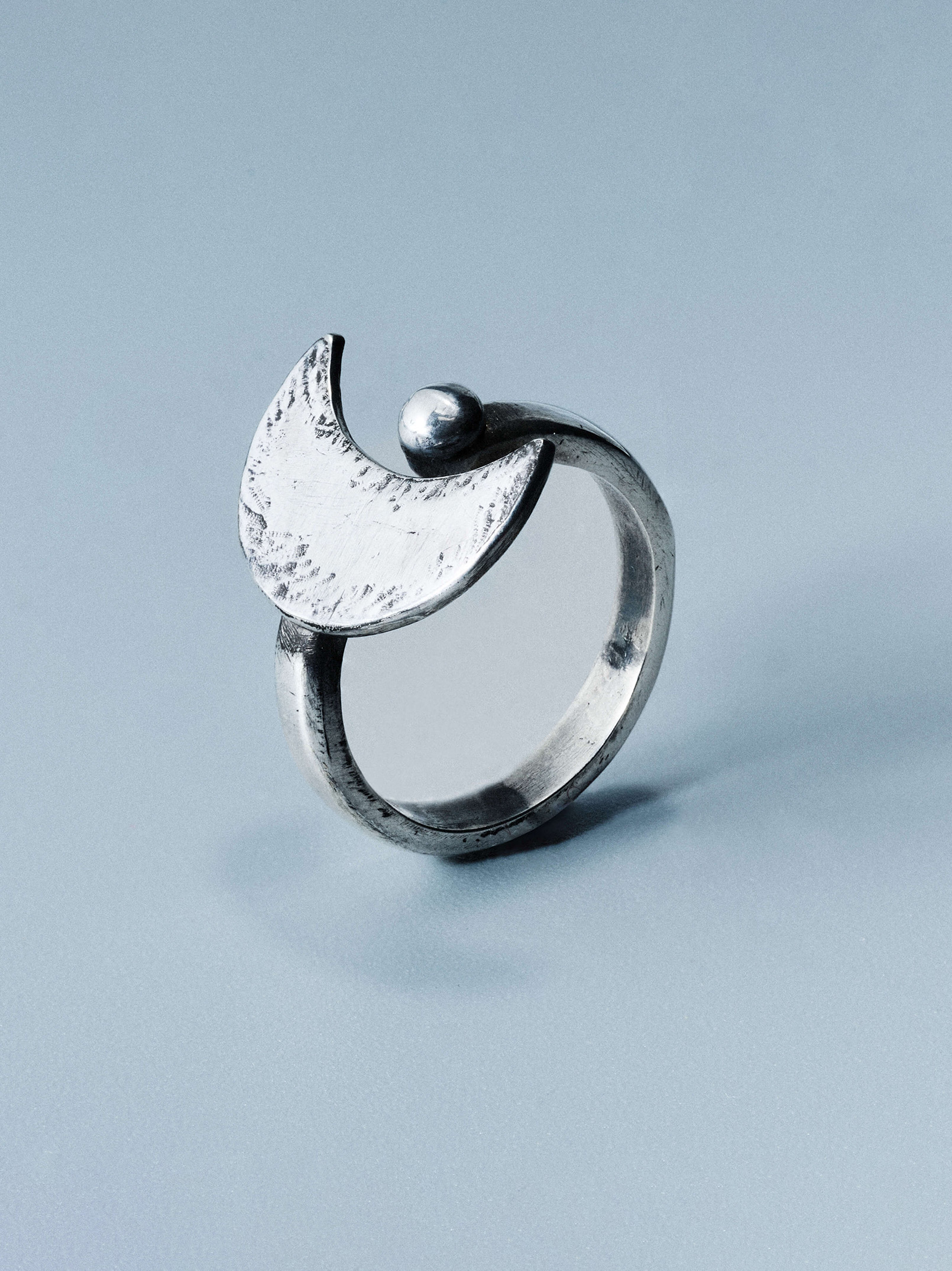 Selene ring, handcrafted sterling silver 925 with burnished moon detail by Indigo