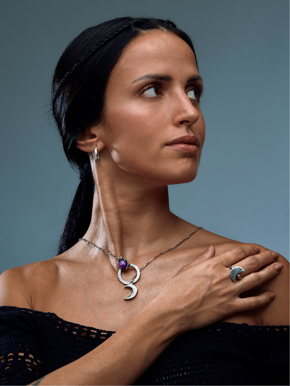 Indigo Selene silver ring styled in the nomadic Rhythm editorial