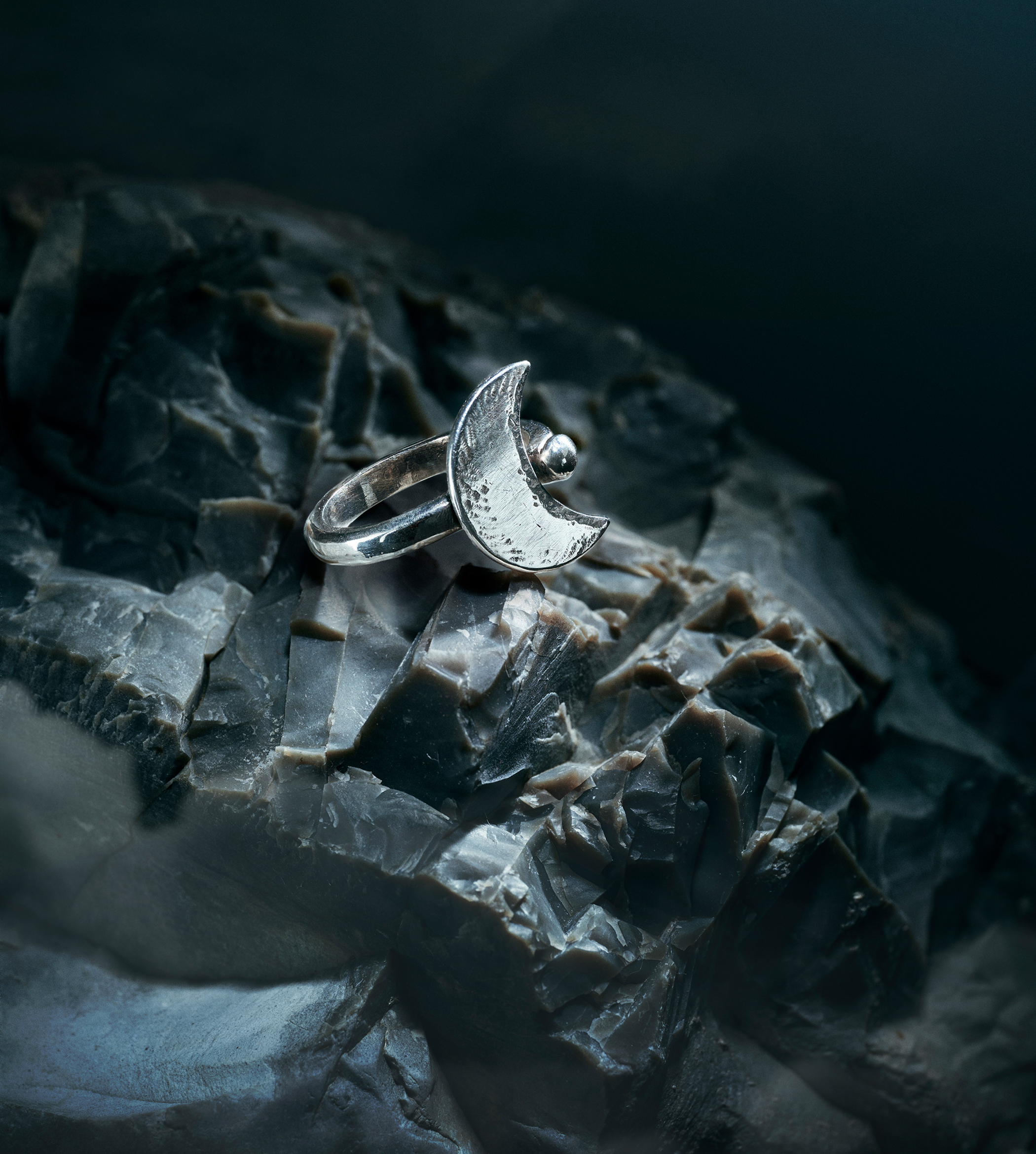 Indigo Selene ring, handcrafted hand-forged sterling silver 925 with burnished crescent-moon detail